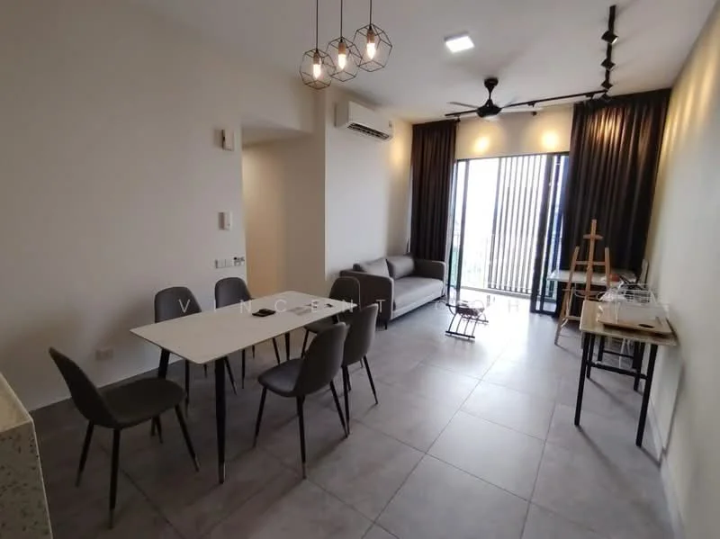 Living features: grey fabric sofa, 4-seater dining table, 4 dining chairs, floor-to-ceiling windows, blackout curtains, 5-blade ceiling fan, recessed LED downlights, tile flooring, air conditioning unit, decorative easel, wall-mounted artwork; style: modern.