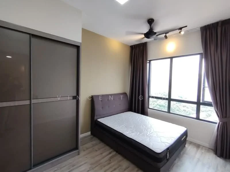 Bedroom features: queen-size bed base, upholstered headboard, ceiling fan, floor-to-ceiling windows, curtains, wooden flooring, built-in wardrobe with sliding doors, neutral wall color, natural light from windows, view of greenery; style: modern; view: garden.