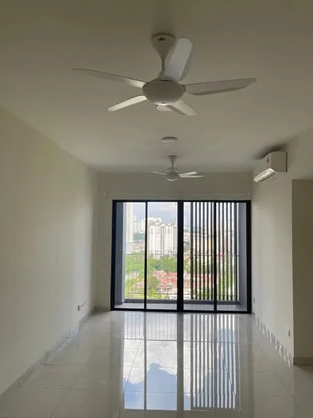 Living features: white painted walls, polished ceramic tile flooring, 5-blade ceiling fan with light, floor-to-ceiling windows, sliding glass door, city view, wall-mounted split AC; style: modern; view: city.