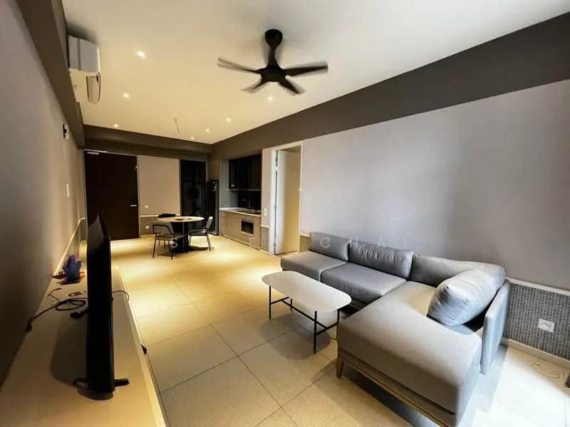 Living features: L-shape sectional sofa in grey, coffee table, wall-mounted TV, 2-seater dining table, 4-blade ceiling fan with light, recessed downlights, tile flooring, cream painted walls, kitchenette with built-in cabinets, microwave, stainless-steel sink, kitchen counter, open layout; style: modern.