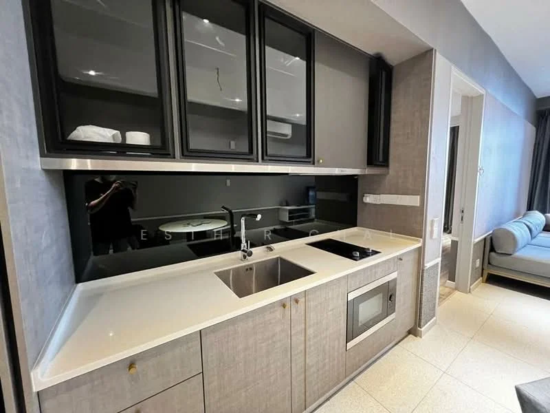 Kitchen features: grey cabinetry with flat-panel design, white quartz countertop, double-bowl stainless-steel sink, chrome pull-down faucet, built-in microwave, black glass backsplash, under-cabinet lighting, tile flooring, open shelving, recessed downlights; style: modern.