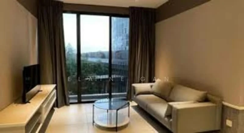 Living features: grey fabric sofa, glass coffee table, wall-mounted TV, white TV console, floor-to-ceiling windows, sheer curtains, cream painted walls, tile flooring; style: modern; view: garden.