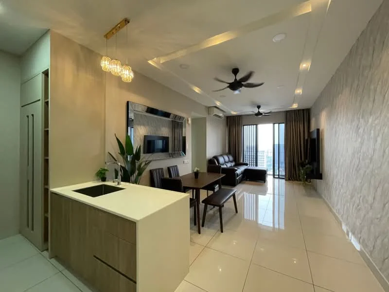 Kitchen features: white quartz countertop, single-bowl stainless-steel sink, built-in cabinetry, recessed downlights; style: modern. Living features: 3-seater leather sofa in black, wooden dining table for 4, 2 wooden benches, wall-mounted TV, floor-to-ceiling windows, curtains, ceiling fan with light, polished tile flooring, decorative wall with textured finish; style: modern; view: city.