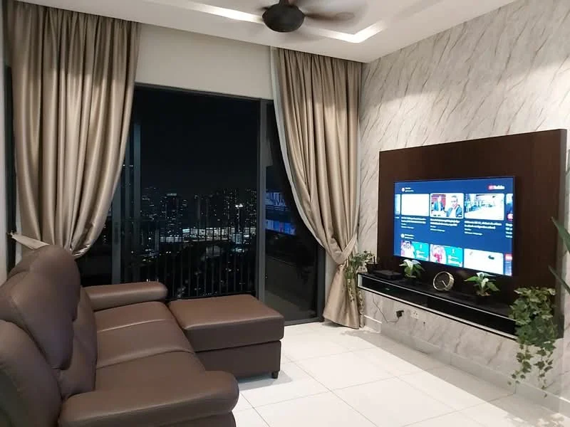 Living features: 3-seater leather sofa in brown, coffee table, wall-mounted TV, TV console, floor-to-ceiling windows, sheer curtains, dark wood feature wall, marble accent wall, recessed downlights, ceiling fan, decorative plants; style: modern; view: city.