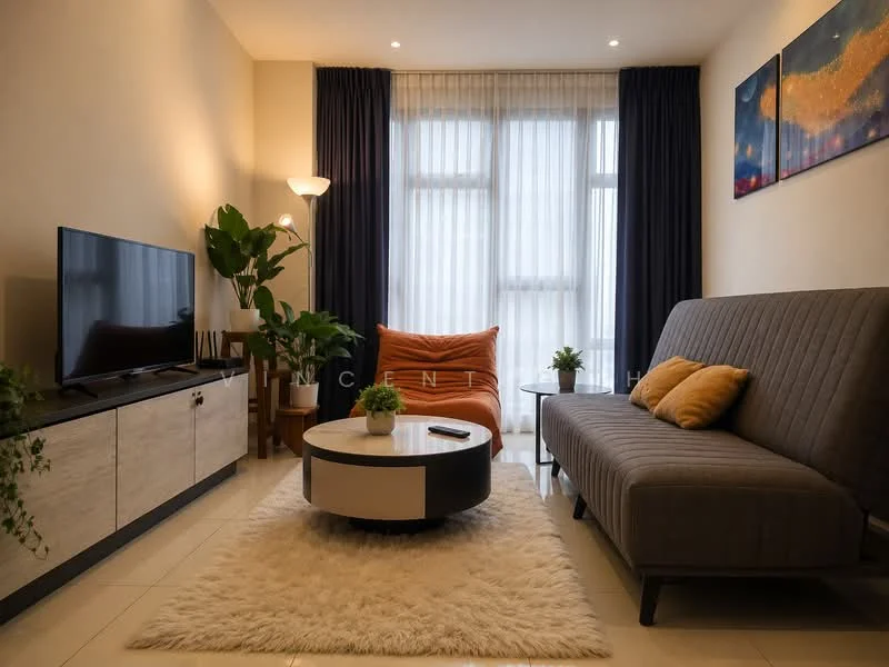 Living features: grey fabric sofa, orange accent cushion, round coffee table with black and white design, TV console with storage, wall-mounted TV, area rug with fluffy texture, indoor plant, floor-to-ceiling windows with sheer curtains, blue and gold artwork on wall, recessed downlights; style: modern.