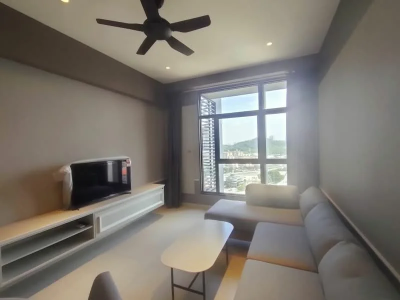 Living features: 3-seater fabric sofa in light grey, coffee table, wall-mounted TV, TV console with storage, ceiling fan with light, floor-to-ceiling windows, curtains, light grey painted walls, recessed downlights, neutral tile flooring; style: modern; view: city.