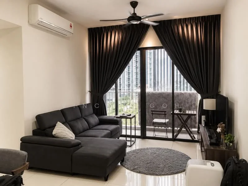 Living features: 3-seater fabric sofa in dark grey, round area rug in grey, wall-mounted TV, TV console, coffee table, floor-to-ceiling windows, sliding glass door, blackout curtains, 5-blade ceiling fan with light, wall-mounted split AC, decorative wall art, small dining table for two, outdoor view of city skyline; style: modern; view: city.