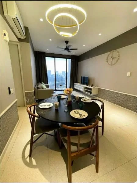 Dining features: round dining table, black tabletop, wooden dining chairs, 5-blade ceiling fan with light, recessed LED downlights, floor-to-ceiling windows, curtains, TV console, wall-mounted TV, light-colored walls, tile flooring, decorative wall clock, decorative wall art; style: modern; view: city.