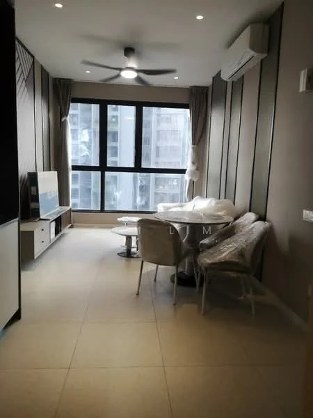 Living features: floor-to-ceiling windows, 3-blade ceiling fan, recessed downlights, light-colored walls, light-colored tiled flooring, sofa with protective covering, coffee table, TV console, wall-mounted TV, curtains, air conditioning unit; style: modern; view: city.