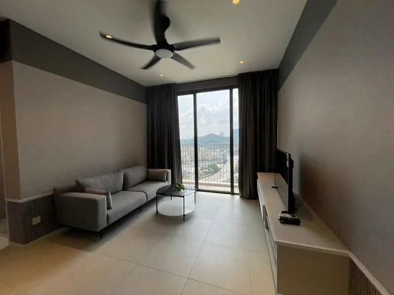 Living features: 3-seater fabric sofa in grey, ceiling fan with light, floor-to-ceiling windows, curtains, TV console, wall-mounted TV, coffee table, tile flooring, decorative plant on table, neutral painted walls, recessed lighting; style: modern; view: city.