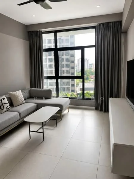 Living features: 3-seater fabric sofa in grey, coffee table with metal legs, floor-to-ceiling windows, sheer curtains, wall-mounted TV, light-colored tile flooring, ceiling fan, recessed downlights, decorative throw pillows, built-in TV console; style: modern; view: city.