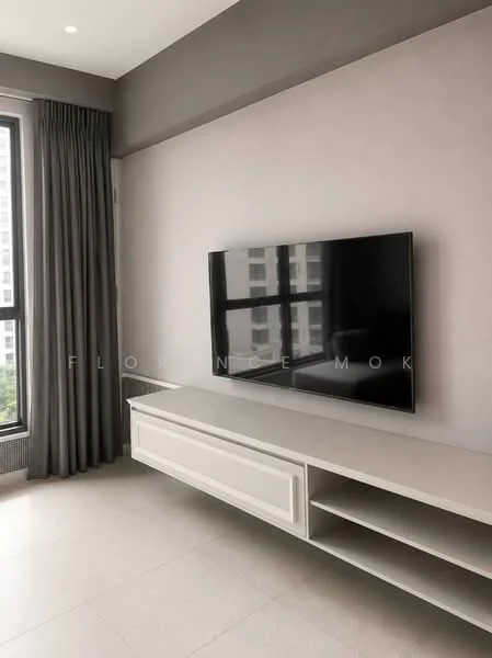 Living features: grey painted walls, floor-to-ceiling windows, curtains in grey fabric, wall-mounted flat-screen TV, white media console with storage, light-colored tile flooring, recessed downlights, open shelving; style: modern; view: city.