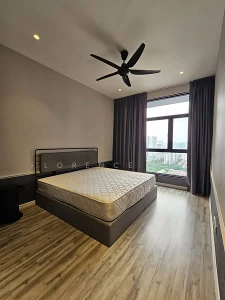 Bedroom features: queen-size bed, 5-blade ceiling fan, floor-to-ceiling windows, grey painted walls, wooden flooring, black bedside table, dark curtains, city view; style: modern; view: city.