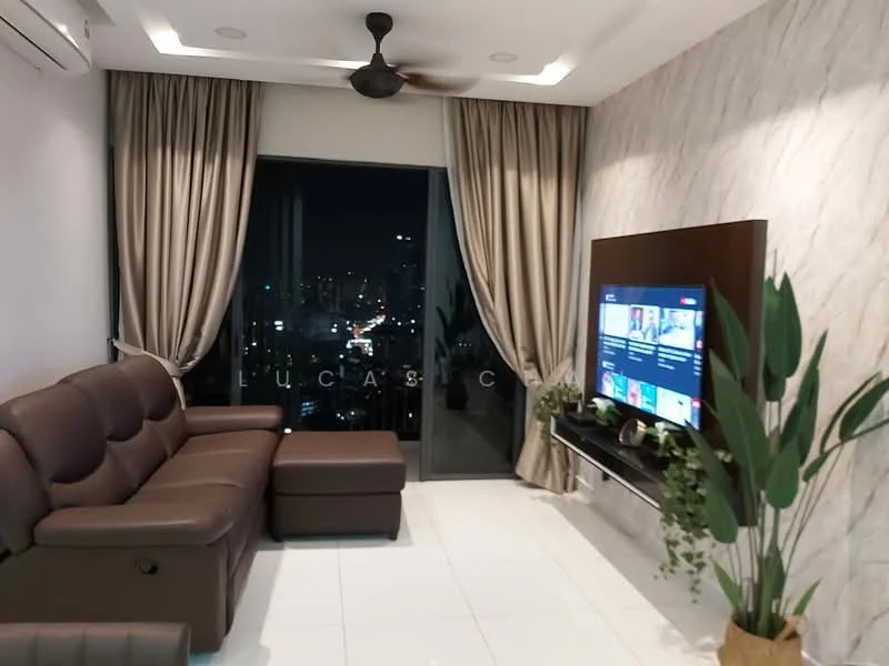 Living features: 3-seater brown leather sofa, white glossy tile flooring, floor-to-ceiling windows, sheer curtains, dark wood TV console, wall-mounted TV, decorative plants, ceiling fan with light, recessed downlights, textured feature wall, city skyline view; style: modern; view: city.