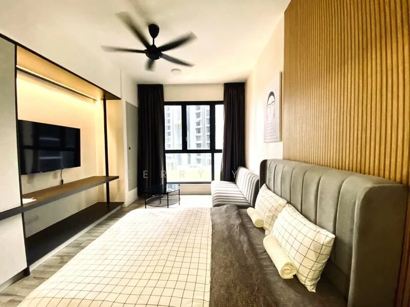 Bedroom features: king-size bed with upholstered headboard, 2 bedside pillows, wall-mounted TV, wood panel accent wall, floor-to-ceiling windows, blackout curtains, ceiling fan, laminate flooring, sofa with striped upholstery, decorative throw pillows, wall art, light-colored bedding; style: modern; view: city.