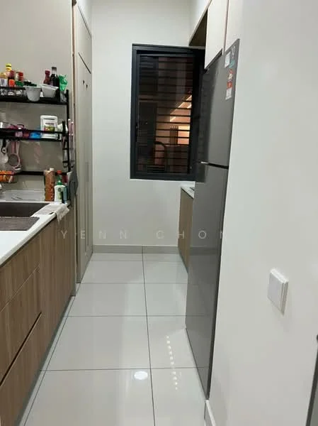 Kitchen features: wood cabinetry, white countertop, stainless-steel fridge, single-bowl stainless-steel sink, chrome pull-down faucet, ceramic tile flooring, recessed downlights, open shelving, wall-mounted storage, window with security bars; style: modern.