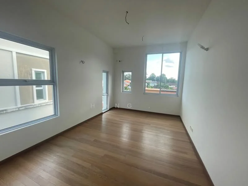 Room features: white painted walls, wooden flooring, floor-to-ceiling windows, one window with view, one door leading outside, no visible ceiling fixtures, natural light from windows, minimalist design; style: modern; view: garden.