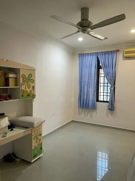 Room features: white painted walls, glossy tile flooring, ceiling fan, window with blue curtains, built-in desk with storage, light fixture, air conditioning unit; style: modern.