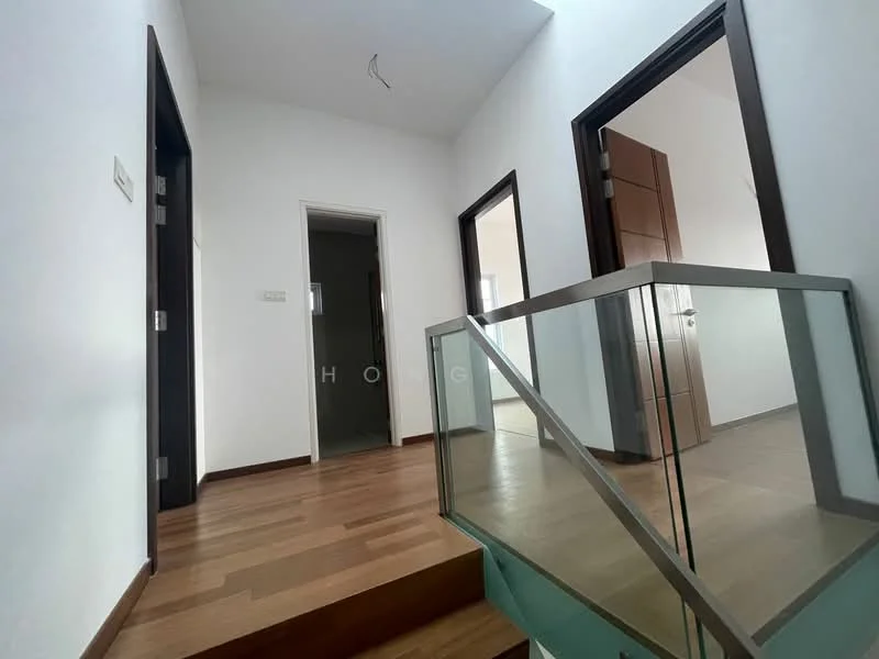 Room features: wooden flooring, white painted walls, glass railing, multiple doorways, natural light from windows, ceiling light fixture, neutral color scheme; style: modern.