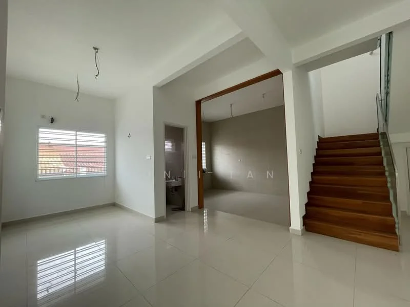Living features: white painted walls, ceramic tile flooring, large windows with horizontal blinds, staircase with wooden steps, recessed ceiling lights, open layout, neutral color palette, no visible furniture; style: modern. Bathroom features: white tiled walls, ceramic tile flooring, toilet, sink, mirror, no visible window.