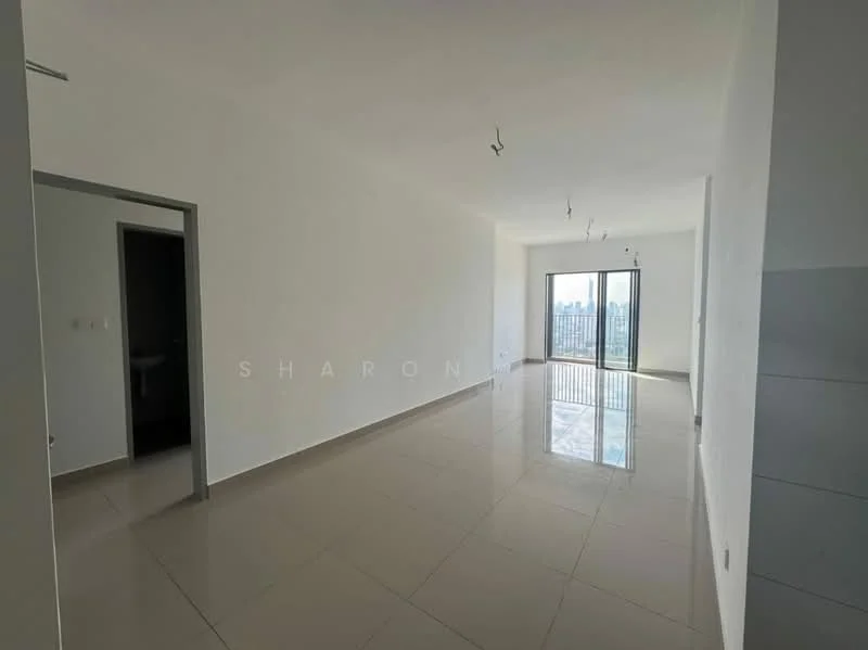 Room features: white painted walls, glossy ceramic tile flooring, floor-to-ceiling windows, sliding glass door, natural light from windows, recessed downlights, open layout, city view; style: modern; view: city.