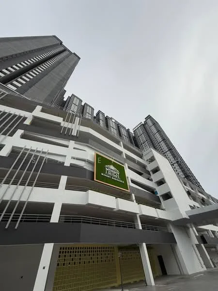 Exterior type: high-rise condominium; features: grey concrete facade, glass curtain wall, recessed balconies, multiple storeys, signage visible, parking deck, modern architectural design; style: modern.