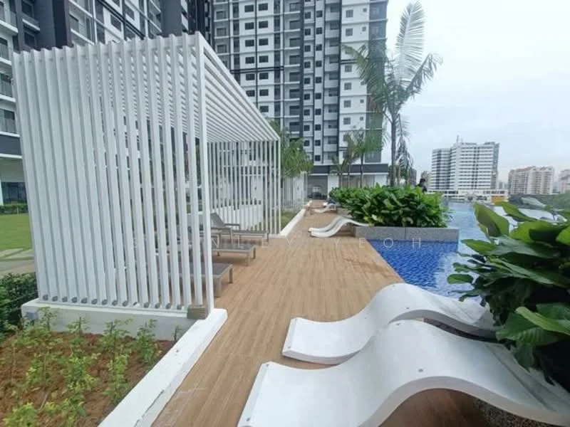 Exterior type: high-rise condominium; features: swimming pool, pool deck with loungers, landscaped garden, manicured lawn, tropical landscaping, recessed seating area with slatted privacy screen, palm trees, wooden decking; style: modern.