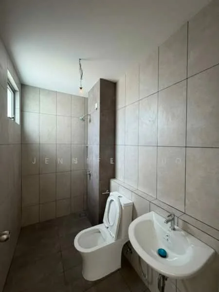 Bathroom features: grey tiled walls, light grey tiled flooring, one-piece toilet, wall-mounted sink, shower area with glass partition, single shower head, window for natural light, ceiling light fixture; style: modern.