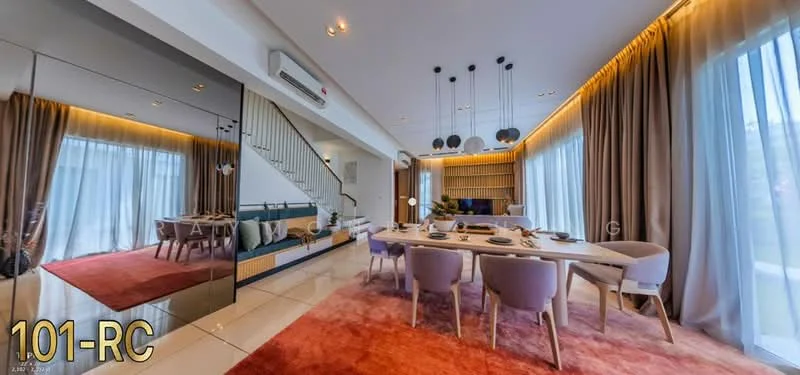 Living features: large floor-to-ceiling windows, sheer curtains, recessed LED downlights, pendant lighting, sofa with cushions, dining table with chairs, area rug with geometric pattern, decorative wall paneling, wall-mounted air conditioning unit, wooden flooring, decorative mirror, wall-mounted shelving, decorative plants; style: modern.