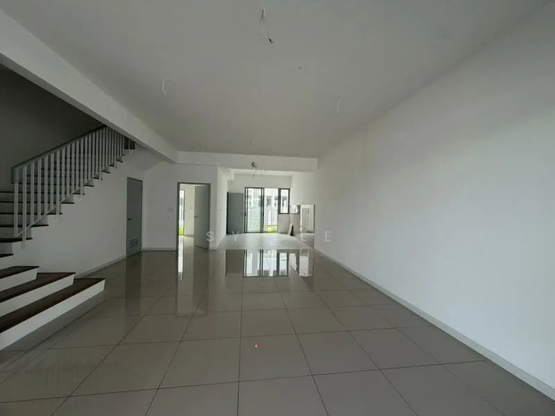 Living features: white painted walls, glossy ceramic tile flooring, large windows allowing natural light, open layout, high ceiling, staircase with wooden steps, recessed downlights, no visible furniture; style: modern; view: garden.