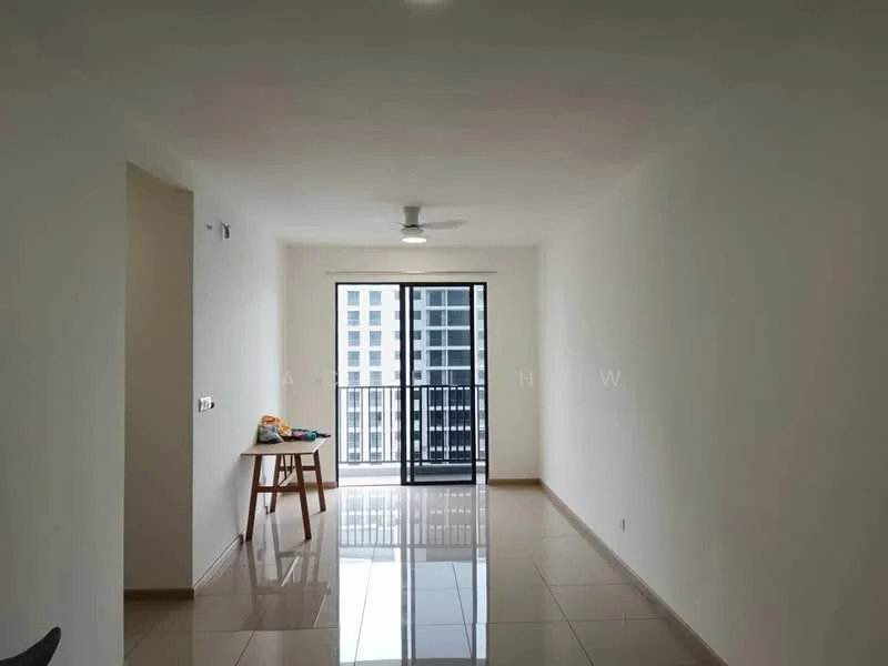 Room features: white painted walls, glossy ceramic tile flooring, 5-blade ceiling fan, floor-to-ceiling sliding glass door, balcony access, natural light from windows, neutral color scheme, minimalist decor; style: modern; view: city.