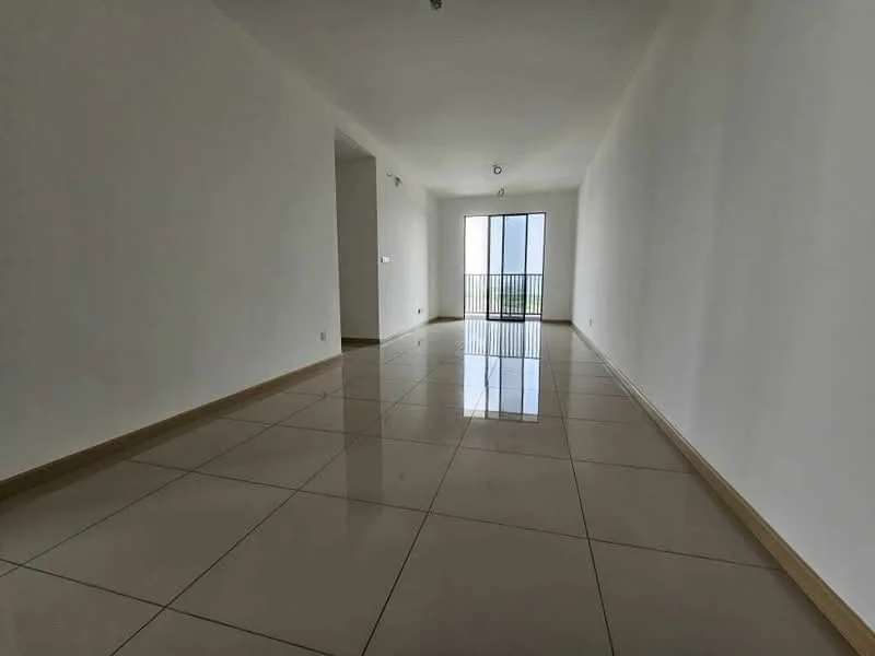 Room features: white painted walls, glossy ceramic tile flooring, recessed downlights, floor-to-ceiling sliding glass door, balcony access, neutral color scheme, no visible furniture, large windows for natural light; style: modern; view: city.
