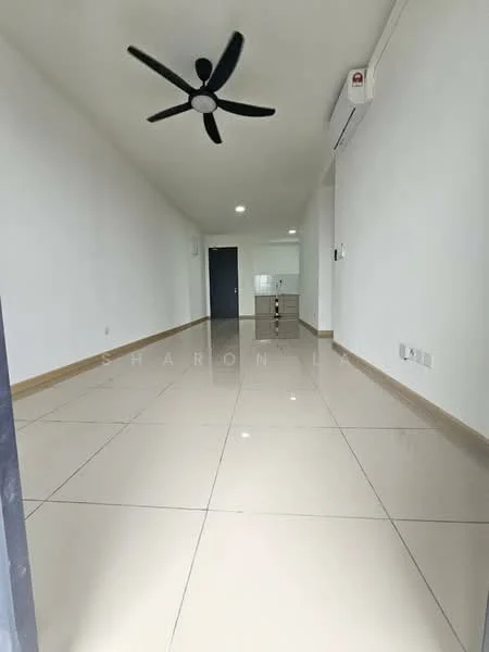 Room features: white painted walls, polished ceramic tile flooring, 5-blade ceiling fan, 1 wall-mounted split AC, doorway leading to another room, neutral color scheme, no visible furniture, large open space; style: modern.