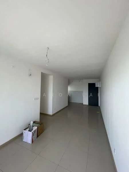 Room features: white painted walls, cream tiled flooring, ceiling with exposed wiring, no visible furniture, open layout, natural light from windows, neutral color scheme, minimal decor; style: modern.