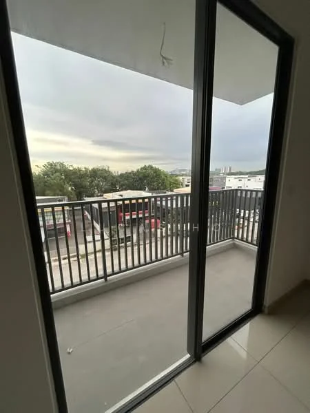 Room features: sliding glass door, balcony with railing, concrete flooring, city view, overcast sky; view: city.