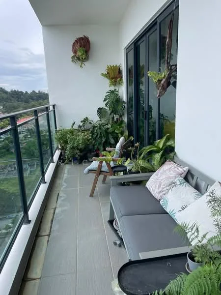 Balcony features: grey outdoor sofa, decorative cushions, small wooden side table, potted plants, greenery, glass railing, tile flooring, overhead planters; view: garden.