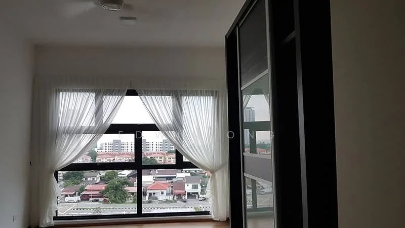 Room features: floor-to-ceiling windows, sheer curtains, wooden flooring, neutral wall colour, modern design, city view, built-in wardrobe with glass doors, natural light; style: modern; view: city.
