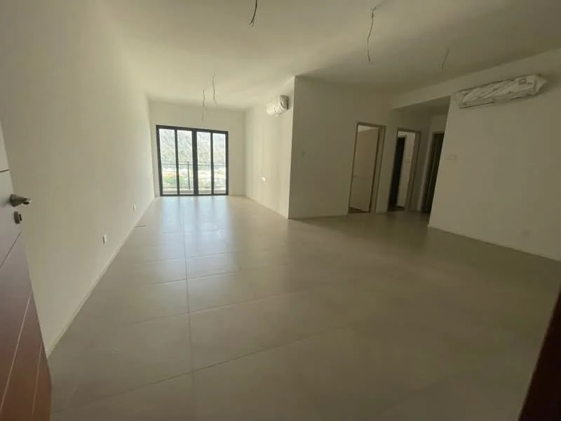 Living features: white painted walls, tile flooring, floor-to-ceiling sliding glass door, air conditioning unit, recessed downlights, open layout, large windows, access to balcony; style: modern; view: garden.
