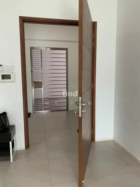 Room features: wooden door, white painted walls, tile flooring, light switch, door frame, metal door, door handle, open doorway; style: modern.