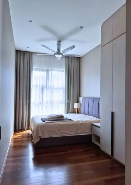 Bedroom features: queen-size bed with upholstered headboard, bedside lamp, built-in wardrobe, wooden flooring, 5-blade ceiling fan, floor-to-ceiling windows with sheer curtains, neutral wall colour, decorative throw on bed; style: modern.