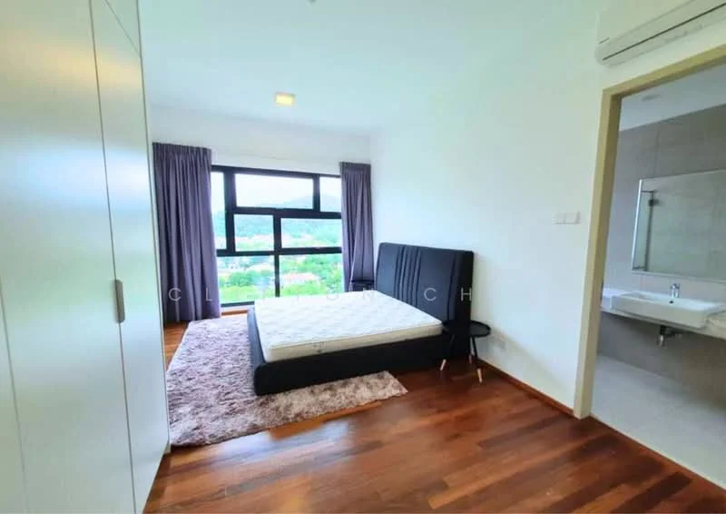 Bedroom features: wooden flooring, white painted walls, floor-to-ceiling windows, grey curtains, queen-size bed frame without mattress, black bedside table, area rug with neutral color, air conditioning unit; style: modern; view: city. Bathroom features: tile flooring, grey tile walls, wall-mounted sink, chrome basin mixer, mirror above sink, toilet, shower area with glass enclosure; style: modern.