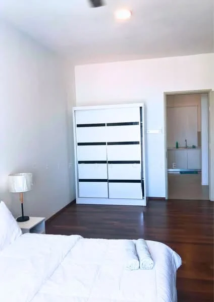 Bedroom features: queen-size bed with white bedding, white bedside lamp, white wardrobe with sliding doors, wooden flooring, plain white walls, ceiling fan, natural light from window, doorway leading to bathroom; style: modern.
