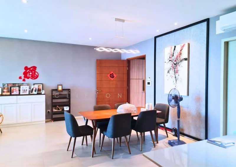 Dining features: wood dining table, 6 upholstered dining chairs, pendant light fixture, grey painted walls, decorative wall art, floor-to-ceiling windows, air conditioning unit, wooden door, ceramic tile flooring, decorative red wall accents, sideboard cabinet, fan; style: modern.