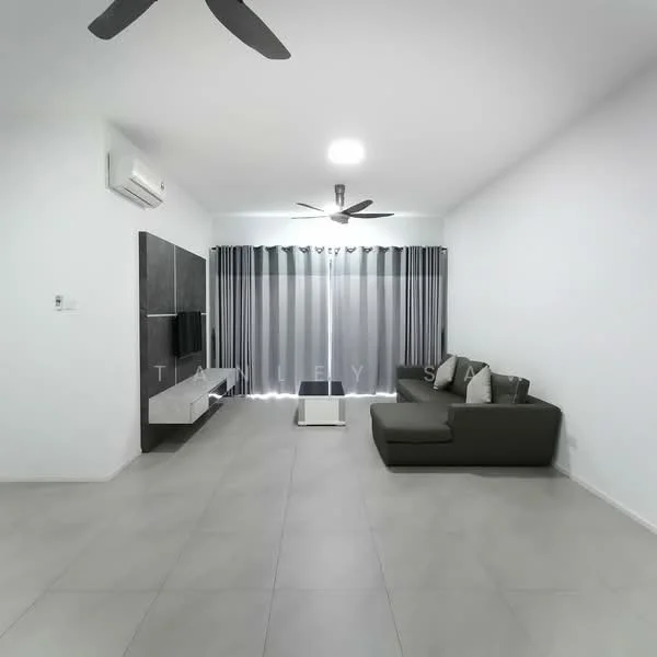 Living features: grey L-shape sectional sofa, white coffee table, wall-mounted TV, TV console, 5-blade ceiling fan, wall-mounted split AC, grey accent wall, white painted walls, floor-to-ceiling windows with sheer curtains, tile flooring; style: modern.