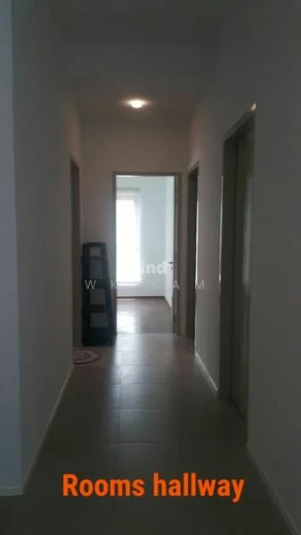 Hallway features: white painted walls, tile flooring, recessed ceiling lights, multiple doorways, neutral color scheme, open layout, window at the end of the hallway, built-in shelving unit; style: modern.