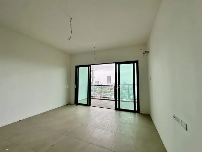Room features: white painted walls, grey tiled flooring, floor-to-ceiling windows, sliding glass door, balcony access, unfurnished space, exposed ceiling wiring; view: city.