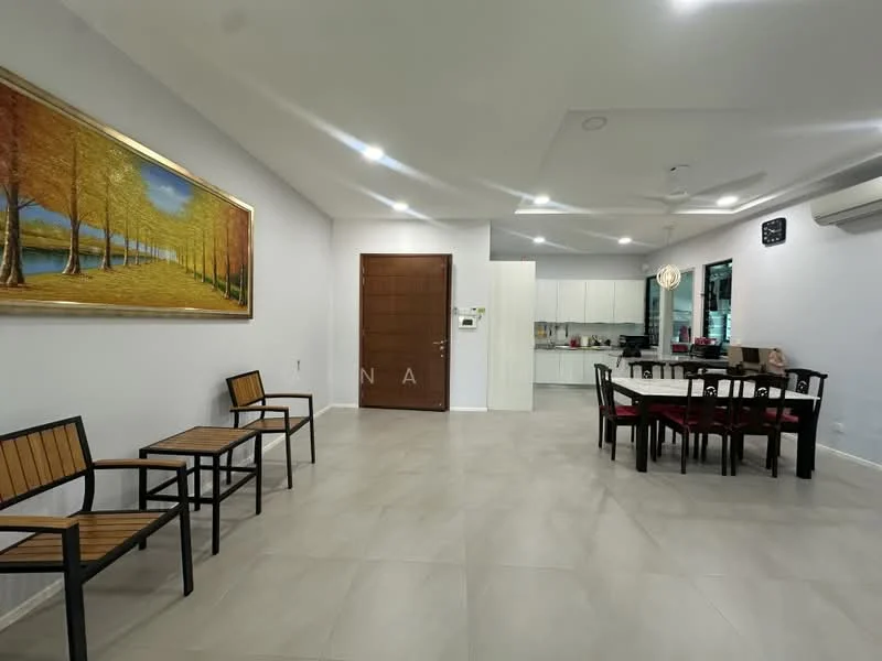 Living features: white painted walls, tile flooring, 5-blade ceiling fan with light, recessed downlights, wooden dining table with red upholstered chairs, framed artwork on wall, wooden chairs, door leading to kitchen, air conditioning unit; style: modern. Kitchen features: white cabinetry, countertop, open layout to living area; style: modern.