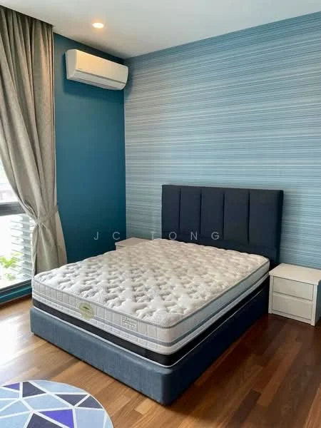 Bedroom features: queen-size bed with upholstered headboard, mattress on bed frame, nightstand with drawer, wall-mounted split AC unit, blue accent wall, striped wallpaper, wooden flooring, floor-to-ceiling window with sheer curtains, decorative area rug with geometric pattern; style: modern.