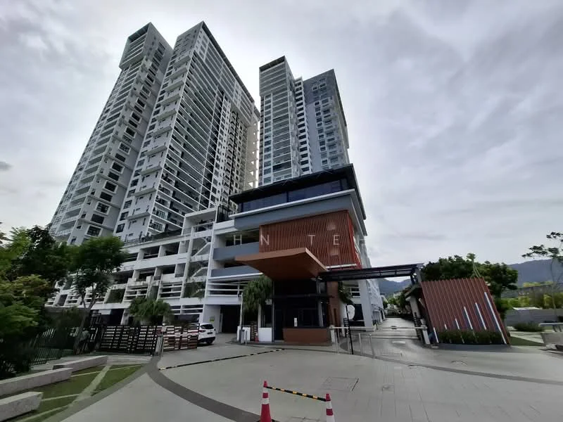 Exterior type: high-rise condominium; features: glass curtain wall, white painted facade, recessed balconies, projecting balconies, landscaped entrance, manicured lawn, paved walkway, security gate, multiple storeys, modern architectural design; style: modern.