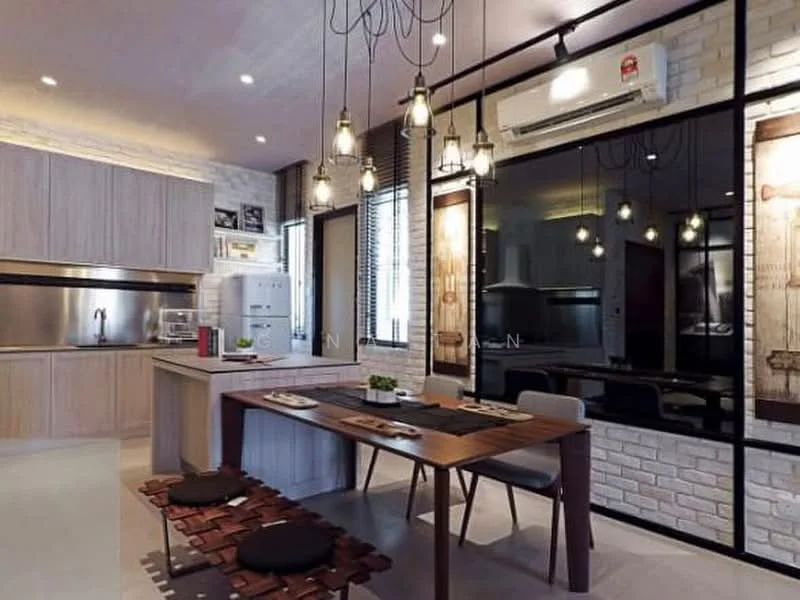 Kitchen features: white painted walls, exposed brick accent wall, marble countertop, stainless-steel sink, chrome pull-down faucet, built-in oven, freestanding range oven, refrigerator, pendant lighting, 5-blade ceiling fan with light, open shelving, wooden dining table, upholstered dining chairs, tile flooring, window with blinds; style: modern.